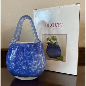 Vintage Block Art Crystal Hand Blown Blue Glass Purse Vase Lauren 8''